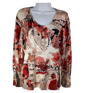 100% Pure Merino Wool Sweater Size M V Neck Art to Wear Graphic French Unique